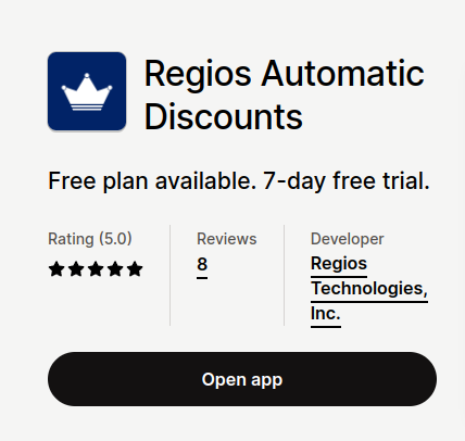 Screenshot of Regios Automatic Discounts in the Shopify App Store