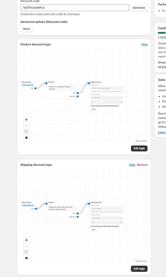 A screenshot of combined product/order + shipping discounts in Regios Discounts