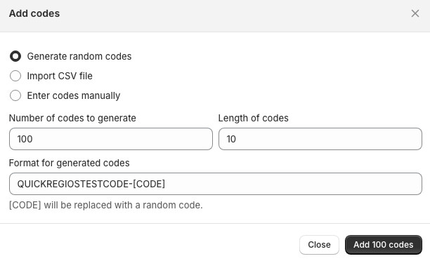 Screenshot of the Regios Discounts Add codes modal with Generate random codes selected