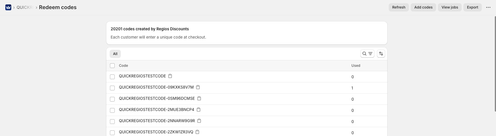 Screenshot of the Regios Discounts redeem codes page showing a list of generated codes