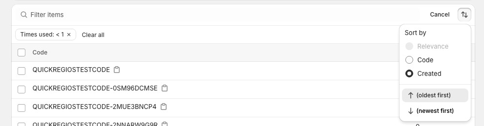 Screenshot of the Regios Discounts redeem codes page with filter and sort controls