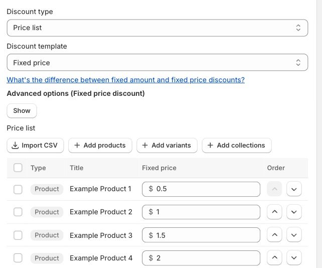 Regios Discounts price list editor with Import CSV, fixed prices per product row, and spreadsheet-style table
