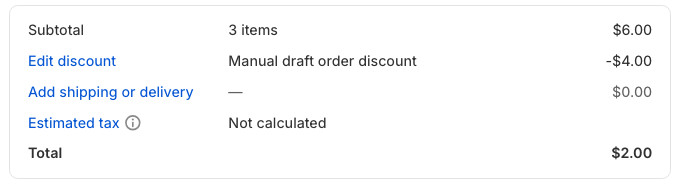 Shopify draft order with manual discount applied