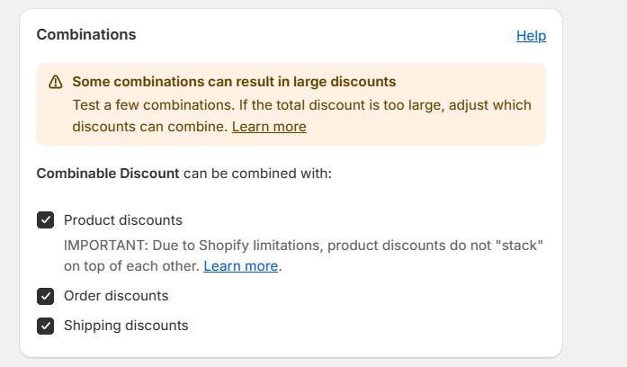 Screenshot of the combinations box in Regios Discounts with all options enabled
