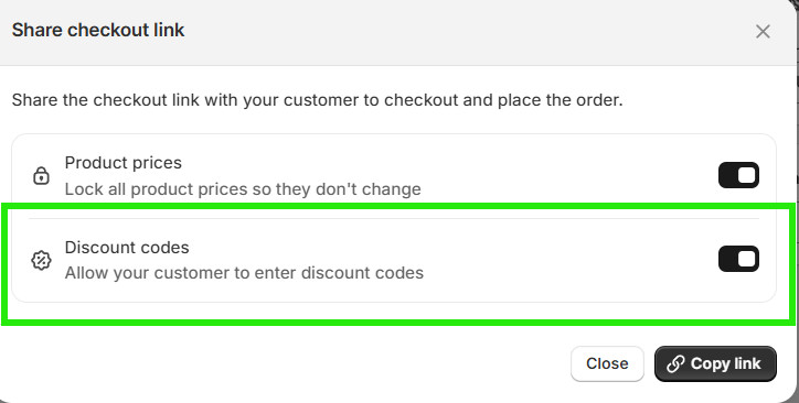 Screenshot of the discount codes checkbox in Shopify draft order settings