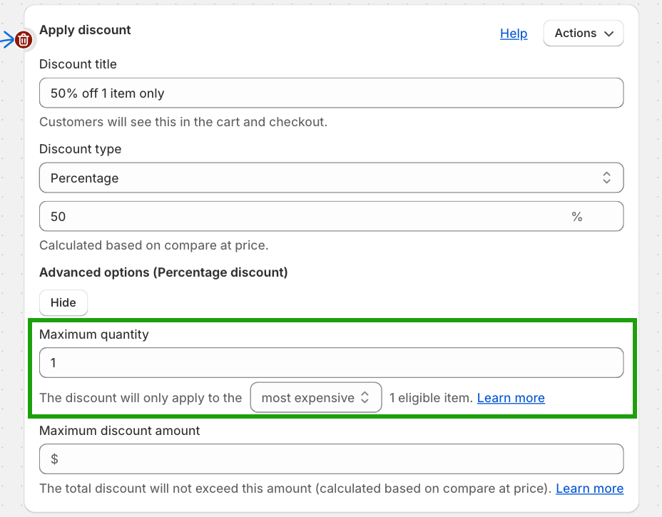 Screenshot of Regios Discounts Apply Discount step showing Maximum quantity set to 1 in Advanced options