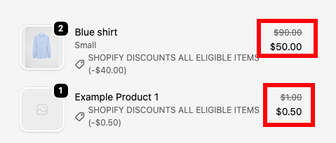 Shopify checkout or cart showing multiple units of the same product, with the discount applied to every unit
