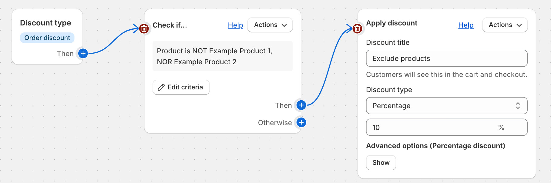 Regios Discounts logic builder with Order discount, a Check if step excluding specific products, and Apply discount