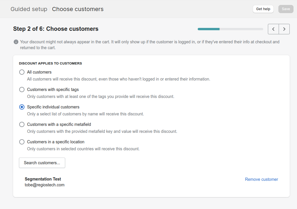 Screenshot of selecting individual customers for a discount