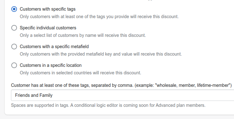 Screenshot of selecting specific customer tags for a discount