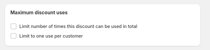 Screenshot of Shopify discount settings showing the 'Limit to one use per customer' option
