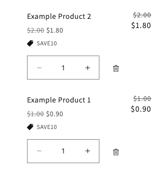 Shopify cart drawer showing two products with SAVE10 chips and struck-through original prices