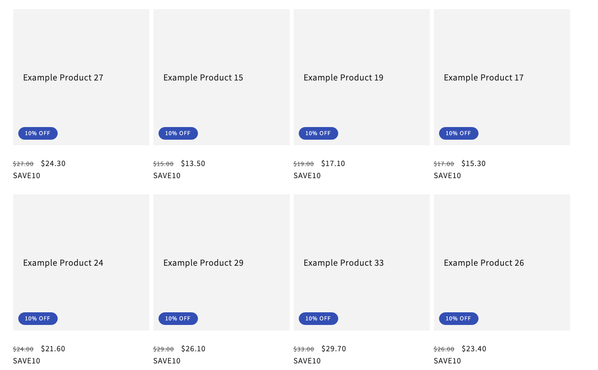 Shopify collection page grid where every product card shows a '10% OFF' badge, a struck-through original price, and a SAVE10 label under the discounted price