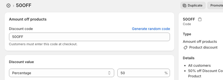 A built-in discount code in the Shopify admin. Has a 'Discount code', 'Percentage', and 'Applies to' input.