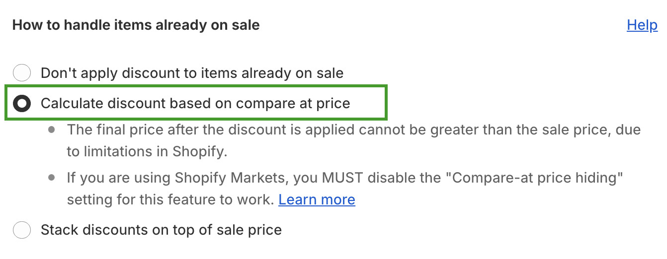 Screenshot of 'How to handle items already on sale' settings