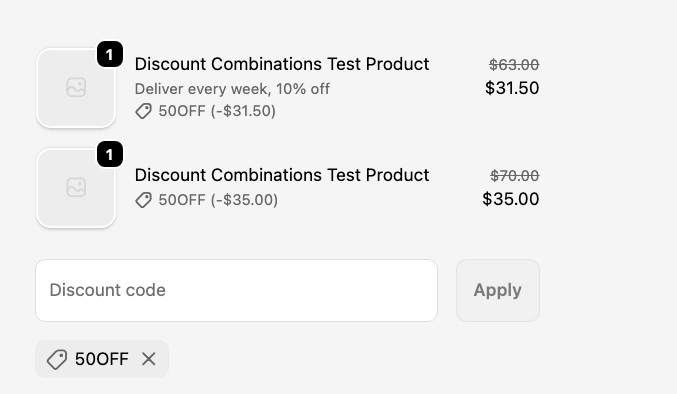 A 50% off discount in the checkout bringing the subscription variant's price to $31.50 and the non-subscription variant's price to $35.