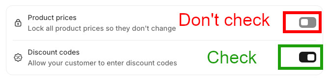 Shows the 'Product prices' setting unchecked and the 'Discount codes' setting checked.