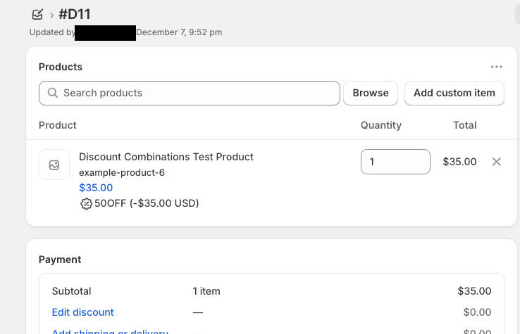 A manually-created draft order. It allows users to add products and apply discounts.