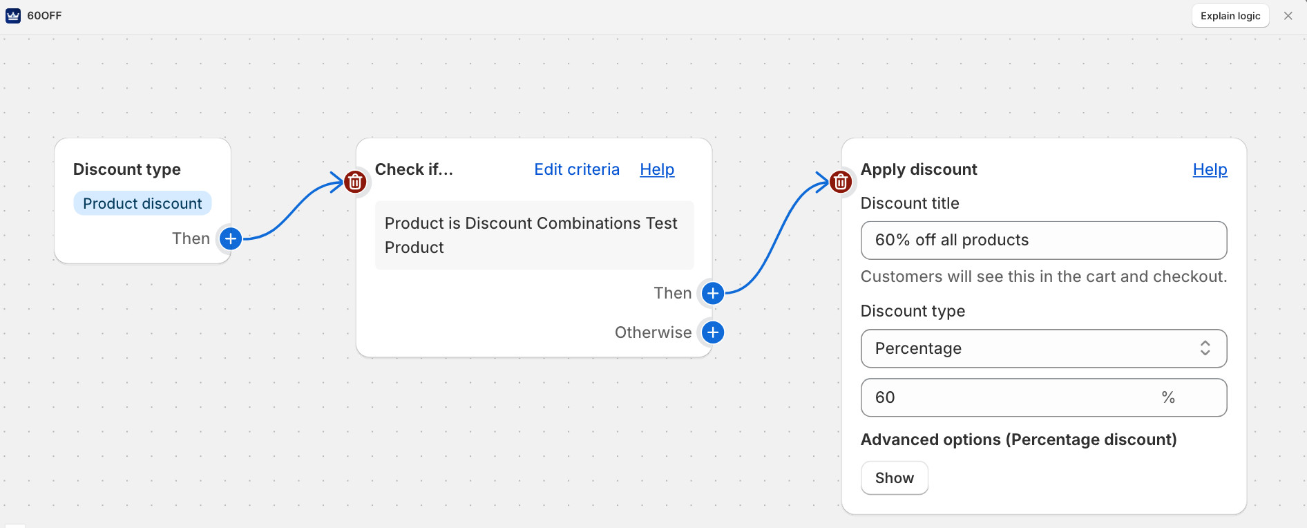 A discount logic flowchart created in our app. Applies 60% off 'Discount Combinations Test Product'