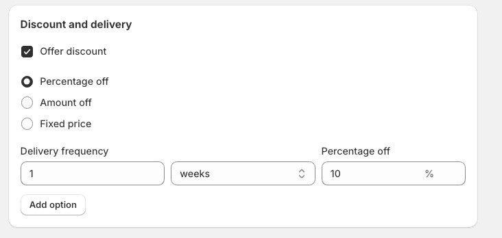 Subscription discount setup - A 'Discount and delivery' section, 'Offer discount' checkbox, and options for Percentage/Amount off/Fixed price