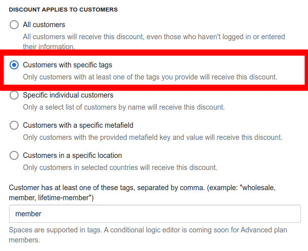 Screenshot of choosing customer tags in Regios Automatic Discounts